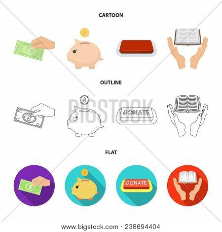 Hand With Money For Poshestvovaniya, A Piggy Bank For Charity, A Button With An Inscription, A Book 