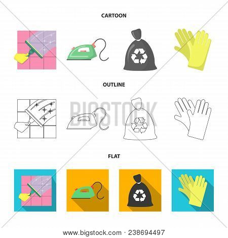Cleaning And Maid Cartoon, Outline, Flat Icons In Set Collection For Design. Equipment For Cleaning 