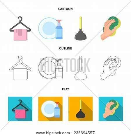 Cleaning And Maid Cartoon, Outline, Flat Icons In Set Collection For Design. Equipment For Cleaning 