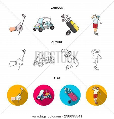 A Gloved Hand With A Stick, A Golf Cart, A Trolley Bag With Sticks In A Bag, A Man Hammering With A 