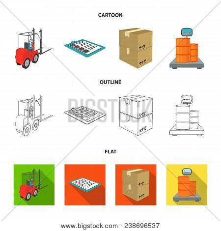 Forklift, Delivery Slips, Packaged Goods, Cargo On Weighing Scales. Logistics And Delivery Set Colle