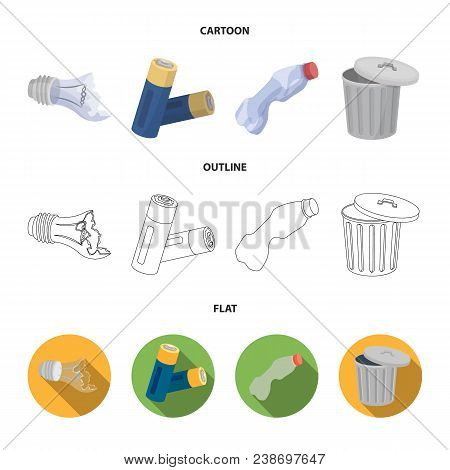 Broken Light Bulb, Used Batteries, Breaking A Plastic Bottle, Garbage Can With A Sign.garbage And Tr