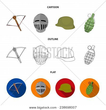 Crossbow, Medieval Helmet, Soldier Helmet, Hand Grenade. Weapons Set Collection Icons In Cartoon, Ou