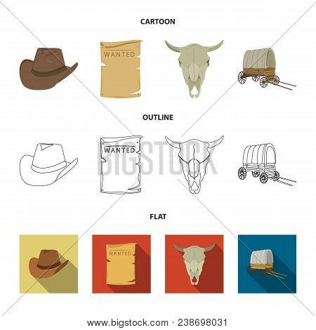 Cowboy Hat, Is Searched, Cart, Bull Skull. Wild West Set Collection Icons In Cartoon, Outline, Flat 