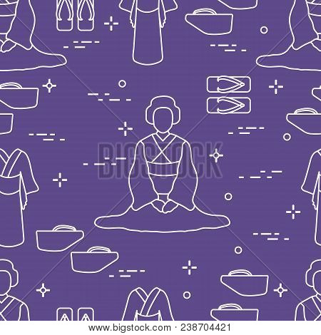 Seamless Pattern With Asian Woman, Traditional Japanese Clothing, Shoes. Travel And Leisure.