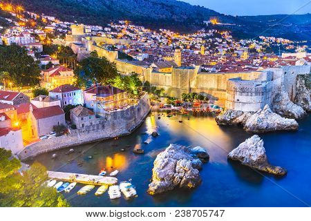 Dubrovnik, Croatia. Spectacular Twilight Picturesque View On The Old Town Of Ragusa From The Lovrije