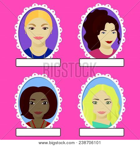 Set Of Female Portrait In Oval Frame Makind With Clipping Mask Vector