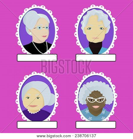 Set Of Grandmas Portrait In Oval Frame Makind With Clipping Mask Vector