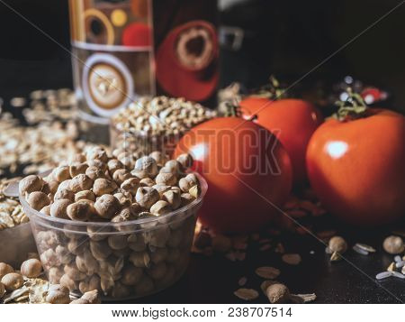 Healthy Diet Raw Cereals On The Black Table Oatmeal