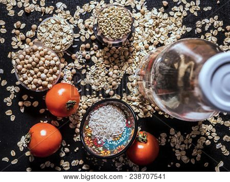 Healthy Diet Raw Cereals On The Black Table Oatmeal