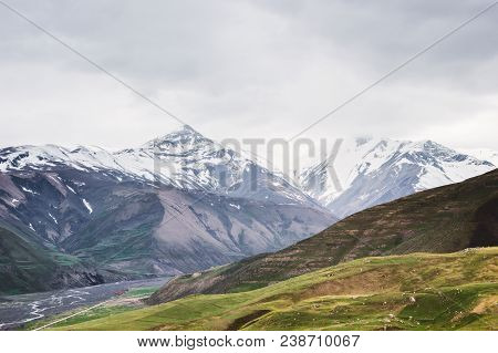 Beautiful View Of The Snow-covered And Vegetated Caucasus Mountains