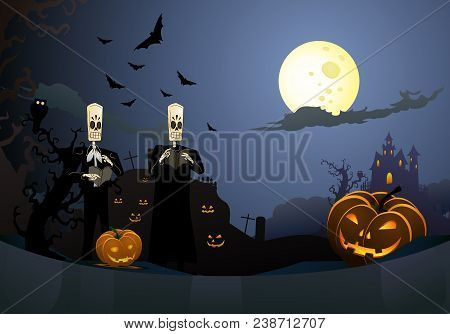 Illustration Of Scary Halloween Hideous Carved Pumpkins With Dead Man Theme Background