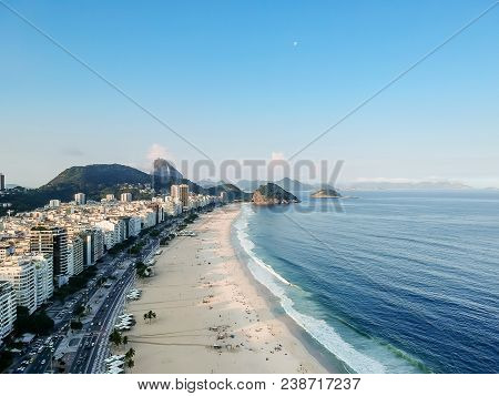 Aerial Drone View Of Copacabana Beachs During Late Afternoon, , Some Shadows Can Be Seen On The Sand