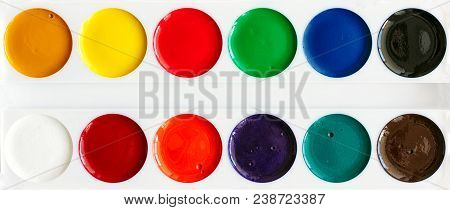 New Palette Multiсolor Watercolor Paints, Close-up, Background