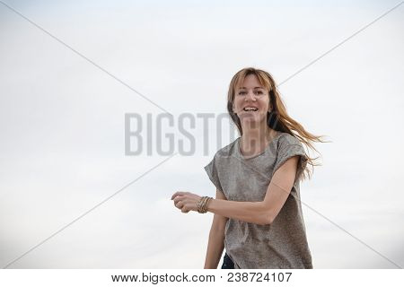 Girl Have Fun In Desert In A Summer Day