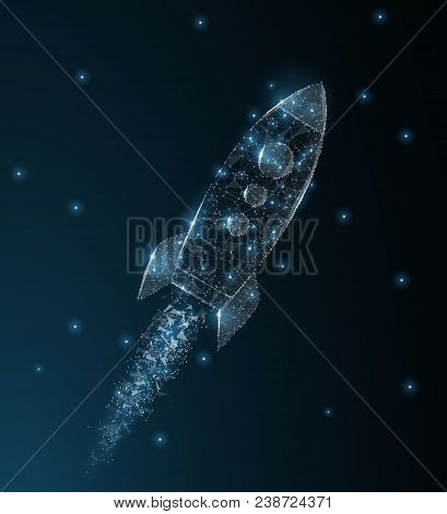 Rocket. Polygonal Wireframe Mesh Art Looks Like Constellation On Dark Blue Night Sky With Dots And S