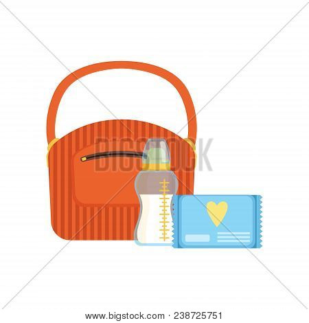 Bag, Baby Bottle Of Milk And Pack Of Wet Wipes, Feeding And Caring For A Child Vector Illustration I