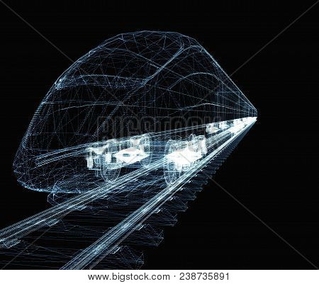 Abstract Polygonal High-speed Passenger Train. Traveling Concept. 3d Illustration On Black Backgroun