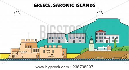 Greece, Saronic Islands. City Skyline, Architecture, Buildings, Streets, Silhouette, Landscape, Pano
