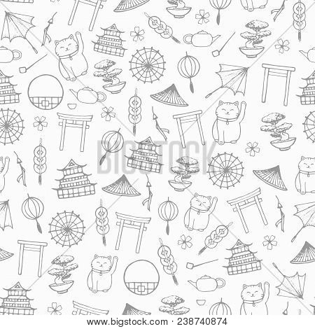 Hand Drawn Vector Asian Seamless Pattern With Umbrellas, Japanese Lucky Cats, Coins, Lanterns, Bonsa