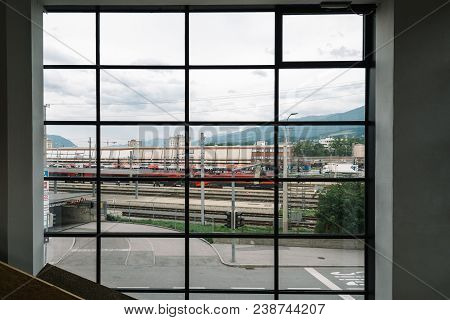 Innsbruck, Austria - August 9, 2017: Looking Through Window Of Tyrolean Architecture Center. It Is T