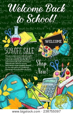 Back To School Sale Or Autumn Eduction Season Poster Of Mathematics Formula On Green Chalkboard Back