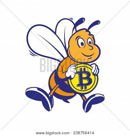 Cryptocurrency Concept Cartoon Character Fun Happy Cute Smile Bee Mining Miners Working Fly And Keep
