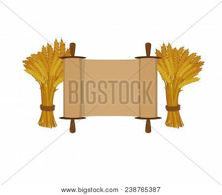 Scroll And Sheaves Of Wheat On White Background. Cartoon Style.