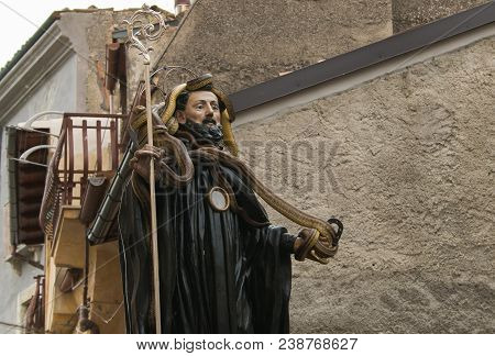 The Statue Of Saint Dominic With Snakes For The Serpari Feast In The Center Of Cocullo, Abruzzo, Ita