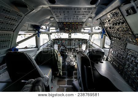Berlin, Germany - April 25, 2018: Cockpit Of Boeing E-3a Sentry Awacs. Exhibition Ila Berlin Air Sho