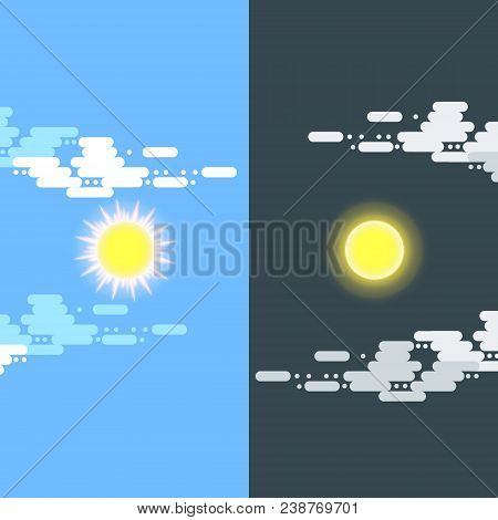 Day And Night Vector Flat Illustrations Or Banners. Sun And Moon. Half Day And Night, Sun And Moon W