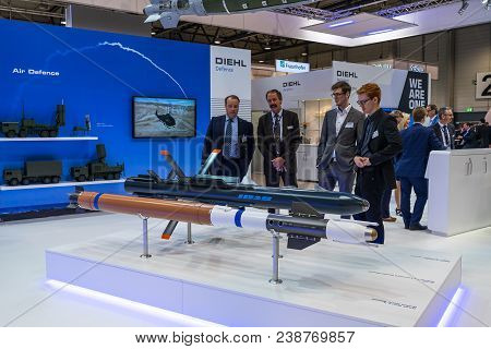 Berlin, Germany - April 25, 2018: The Stand Of The Arms Manufacturer Company Diehl Defense. Exhibiti