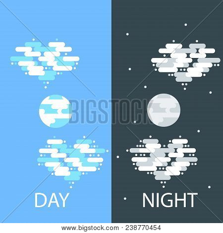 Day And Night Vector Flat Illustrations Or Banners. Sun And Moon. Half Day And Night, Sun And Moon W