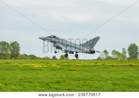 Berlin, Germany - April 27, 2018: Multirole Fighter Eurofighter Typhoon On The Runway. Exhibition Il