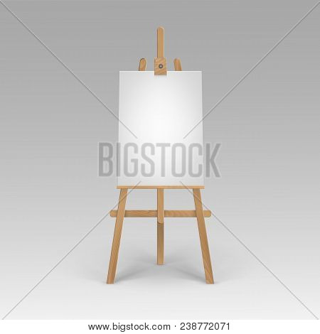 Vector Wooden Brown Sienna Easel With Mock Up Empty Blank Vertical Canvas Isolated
