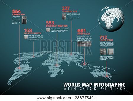 Drk Teal World Map Infographic Template With Pointer Marks, Text Content And Photos