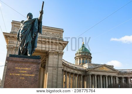 Monument Of Mikhail Kutuzov Near Kazan Cathedral On Nevsky Prospect Street In Saint Petersburg City 