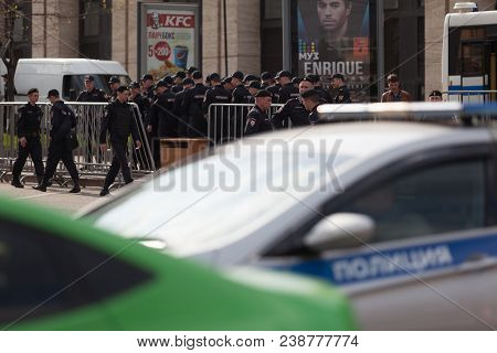 Moscow, Russia - April 30, 2018: The Police Cars And Rosgvardia Are Cordoned Off After A Rally On Sa