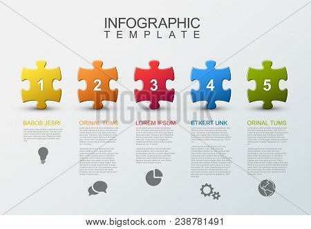 Vector Puzzle Infographic Report Template Made From Colorful Jigsaw Pieces, Icons And Description Te