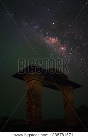 Ancient Temple; Wat Saam Prasob Or Sunken Temple (underwater Temple) With Milky Way Galaxy With Star