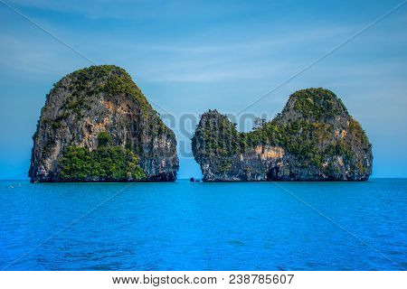 Scenic Limestone Mountains Between The Islands Of Koh Phi Phi, Koh Lanta And Railay Beach At Krabi A