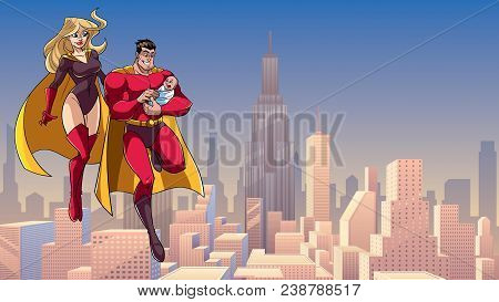 Full Length Illustration Of Happy Super Dad And Super Mom With Super Baby, Flying In The Sky Over Bi