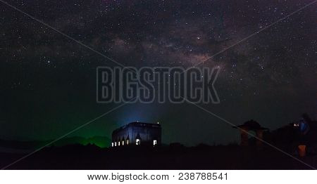 Ancient Temple; Wat Saam Prasob Or Sunken Temple (underwater Temple) With Milky Way Galaxy With Star
