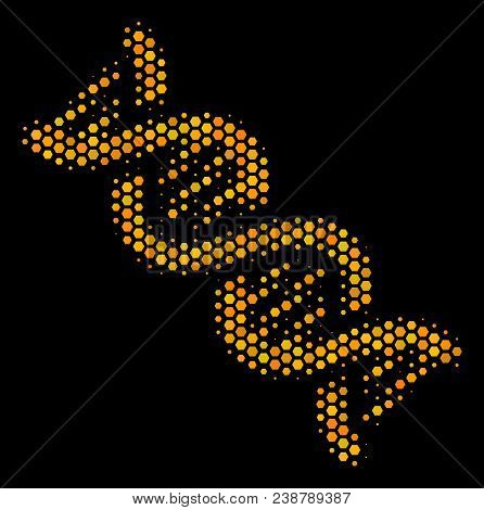 Halftone Hexagonal Dna Spiral Icon. Bright Gold Pictogram With Honey Comb Geometric Pattern On A Bla