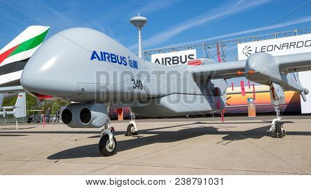 Berlin, Germany - Apr 27, 2018: Airbus Reconnaissance Uav Iai Eitan (steadfast) Drone On Display At 
