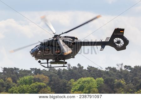 Berlin - Apr 27, 2018: New Airbus H145m Military Helicopter Performing At The Berlin Ila Air Show.