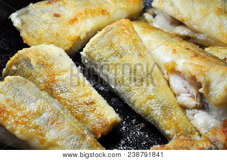 Fried Fish In A Frying Pan. Notothenia. Macro Shot.