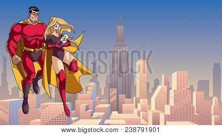 Full Length Illustration Of Happy Super Mom And Super Dad With Super Baby, Flying In The Sky Over Bi