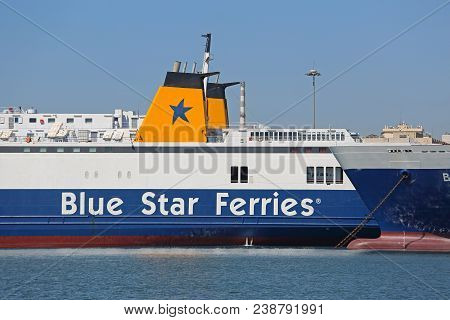 Piraeus, Greece - May 04, 2015: Big Blue Star Ferries Ship At Commercial Port In Piraeus, Greece.