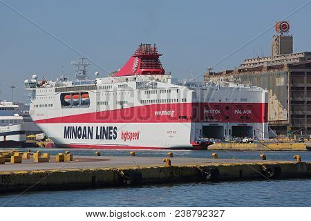 Piraeus, Greece - May 04, 2015: Minoan Lines High Speed Ferry Festos Palace At Commercial Port In Pi